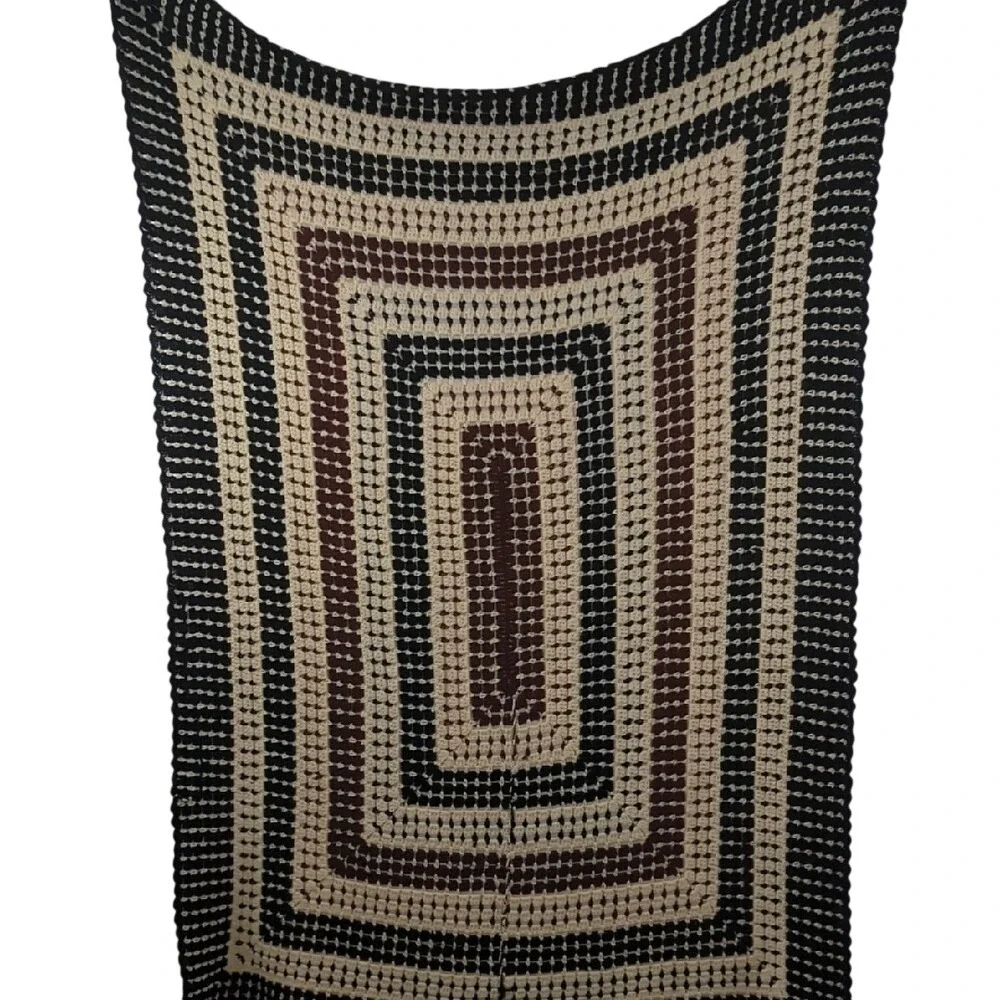 Vintage Handmade Crochet Afghan Granny Square‎ Blanket in Black Cream Brown Cozy